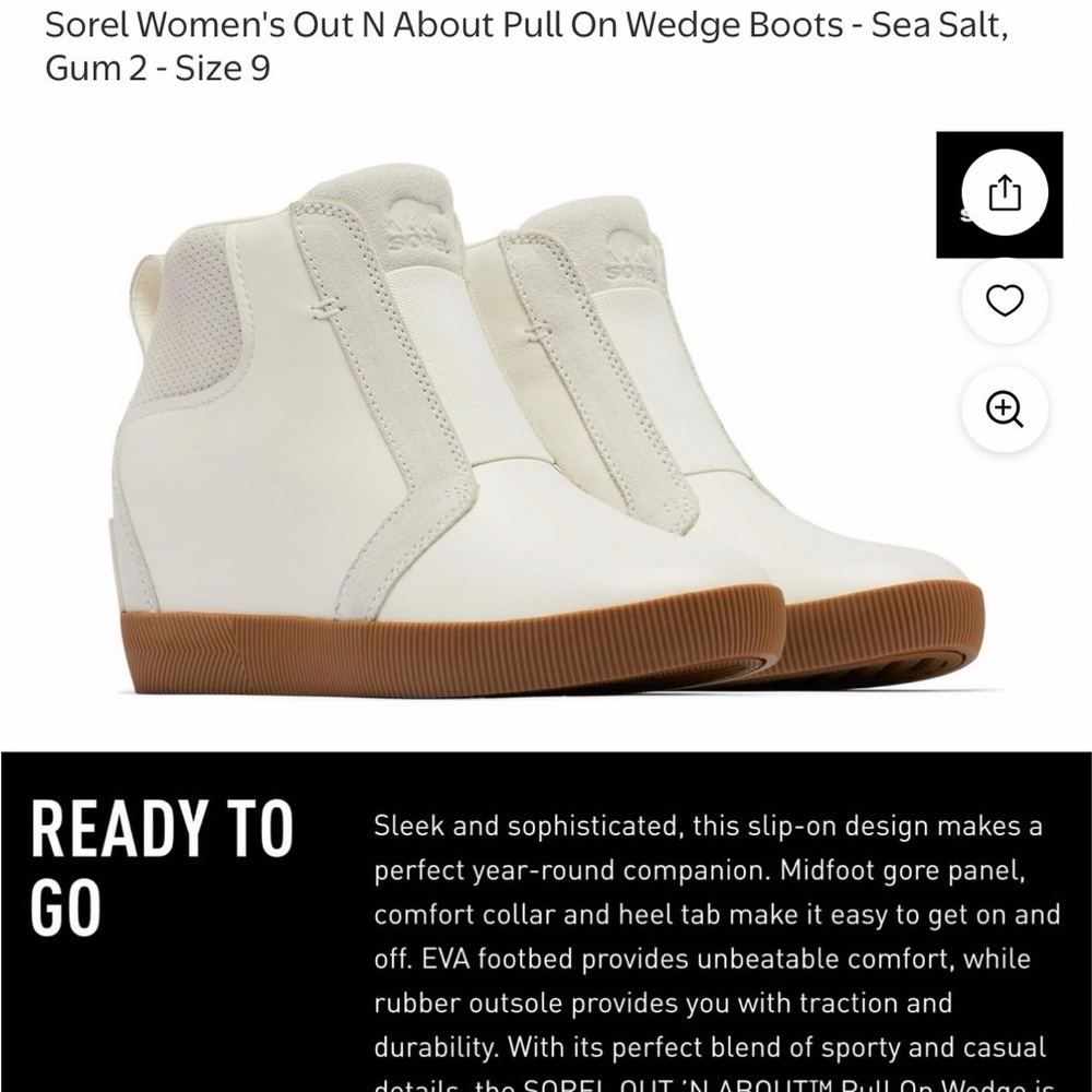 NWT! Sorel Women's White Pull On Wedge Boots - Sea Salt, Gum Size 9.5